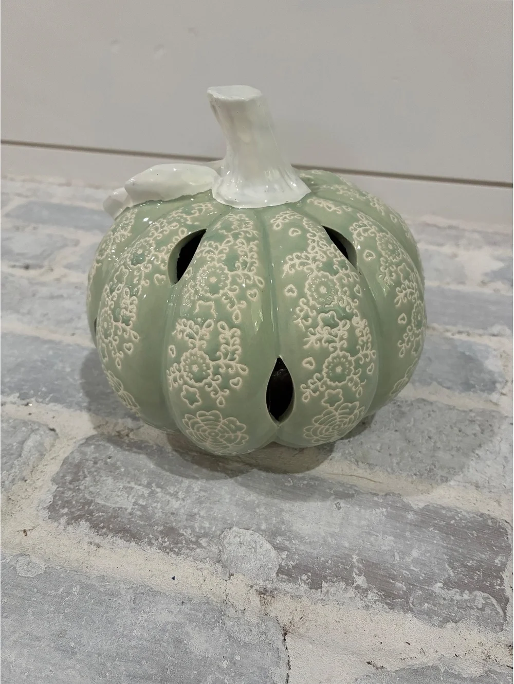 Ceramic Decorative Pumpkin with Leaf Accent in Sage Green